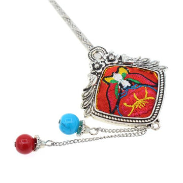 Miao Tribal Metal Hair Stick with Diamond Embroidered Piece and Tassels